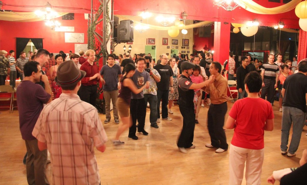 Birthday dance at Third Saturday Swing; Ben dancing with daughter in hand!