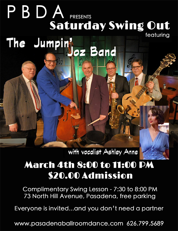 The Jumpin’ Joz Band w/vocalist Ashley Anne THIS SATURDAY NIGHT, MARCH 4th at PBDA!