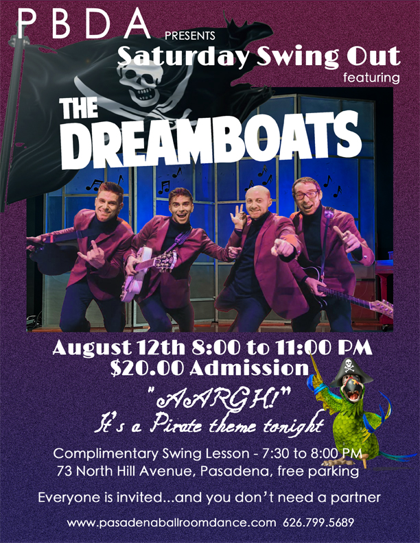It’s an “Aargh! Pirate Theme” with THE DREAMBOATS on Saturday Night, August 12th at PBDA!