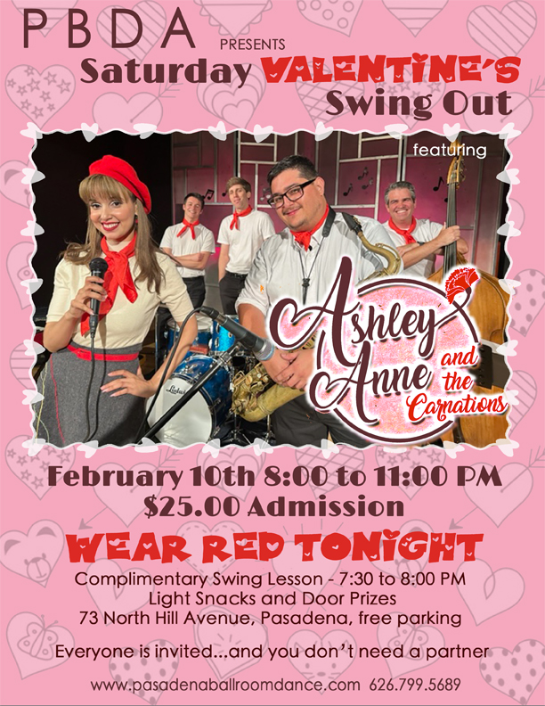 VALENTINE’S DANCE (Wear Red!) w/ ASHLEY ANNE & THE CARNATIONS, SATURDAY, FEB. 10th, at PBDA!