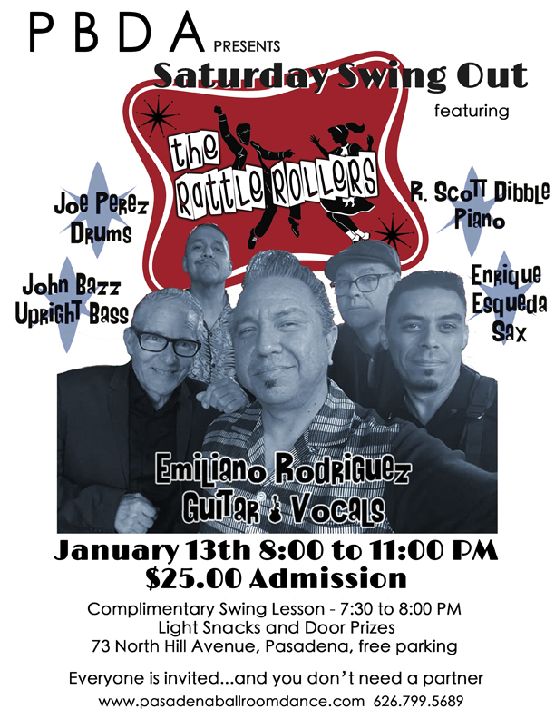 THIS SATURDAY NIGHT, JAN. 13th, it’s THE RATTLE ROLLERS at PBDA!- Let’s Swing Dance in the New Year!