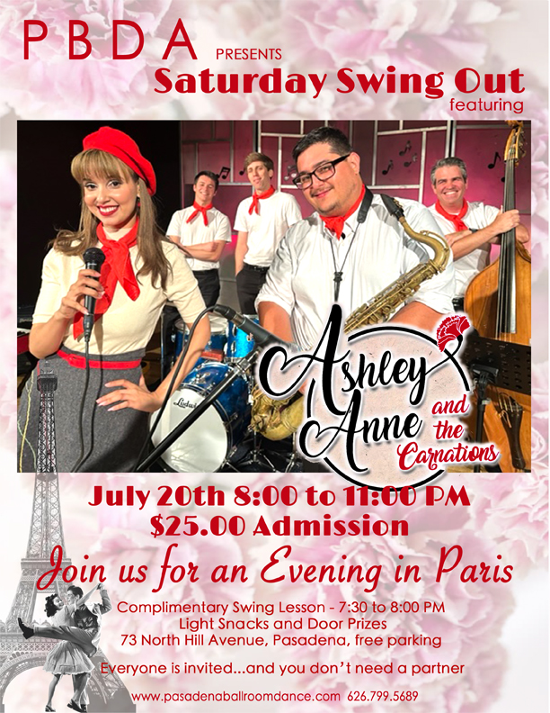 “A Night in Paris” Theme w/ ASHLEY ANNE & THE CARNATIONS- Saturday, July 20th, at PBDA!