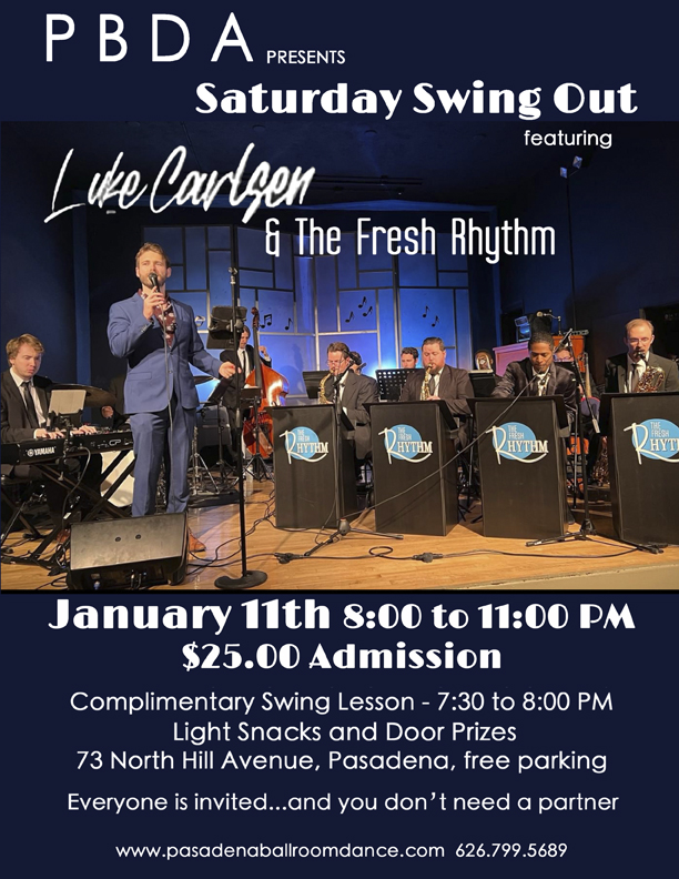 LUKE CARLSEN & THE FRESH RHYTHM SWING BAND, SATURDAY JANUARY 11th, at PBDA!