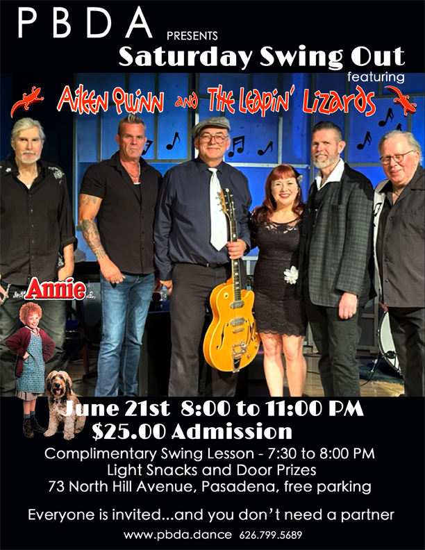 AILEEN QUINN & HER LEAPIN’ LIZARDS SWING BAND, SATURDAY NIGHT, JUNE 21st, at PBDA!