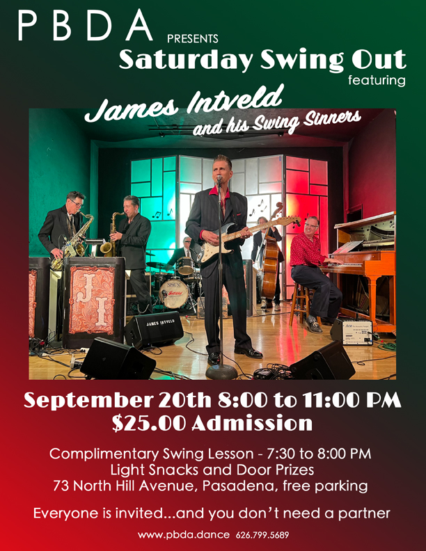 JAMES INTVELD & HIS SWING SINNERS- (James on Guitar!) – SATURDAY NIGHT, SEPTEMBER 20th at PBDA!