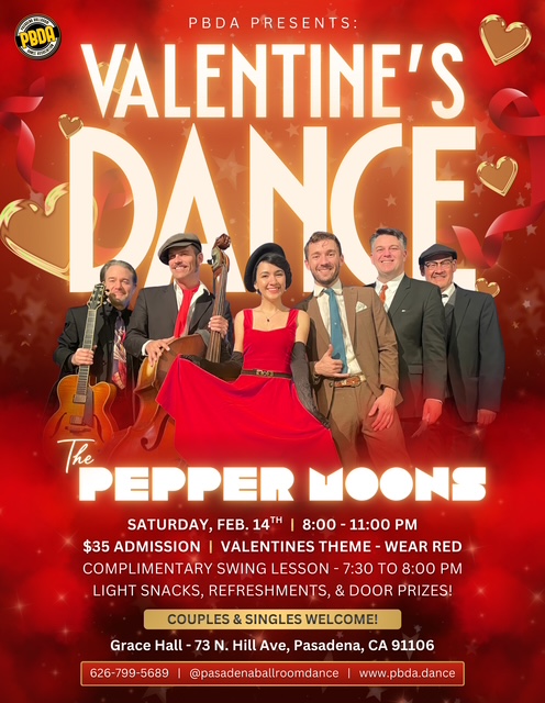 A VALENTINE’S DANCE- SATURDAY NIGHT, FEB. 14th w/ THE PEPPER MOONS- at PBDA! Couples & Singles of All Ages Welcome!