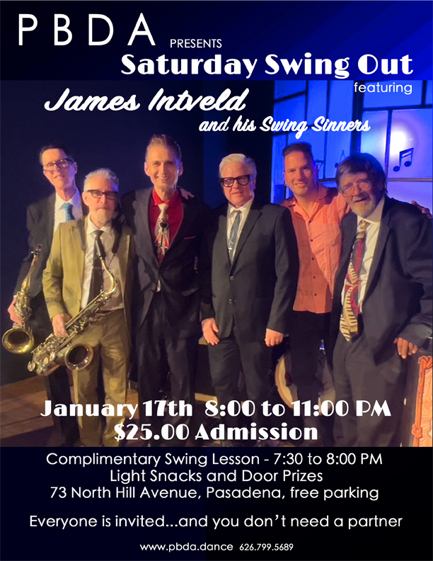 JAMES INTVELD & HIS SWING SINNERS, JAN. 17th, at PBDA!!