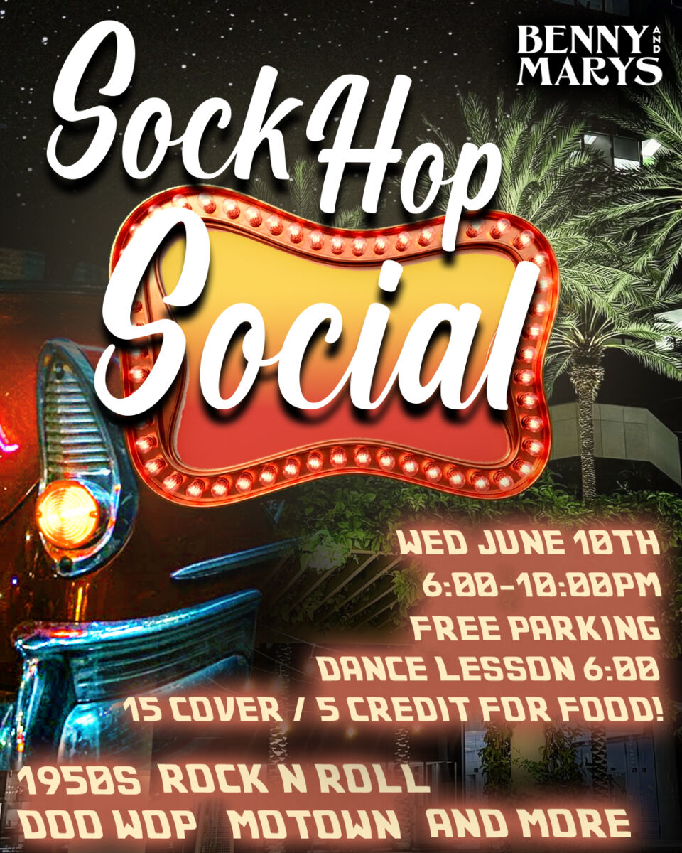 Sock Hop Social! 1950s Dance at Benny and Mary’s in Irvine on Wed June 10th from 6:00-10:00pm