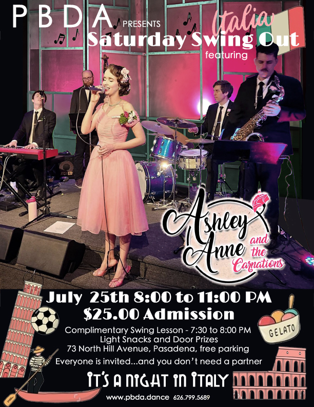 It’s “A Night in Italy” Theme w/ ASHLEY ANNE & THE CARNATIONS- JULY 25th – AT PBDA!